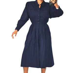 Retro Office Midi Dress Blue Navy Shirt Shoulder Pads Collar Pleated Small 2 4